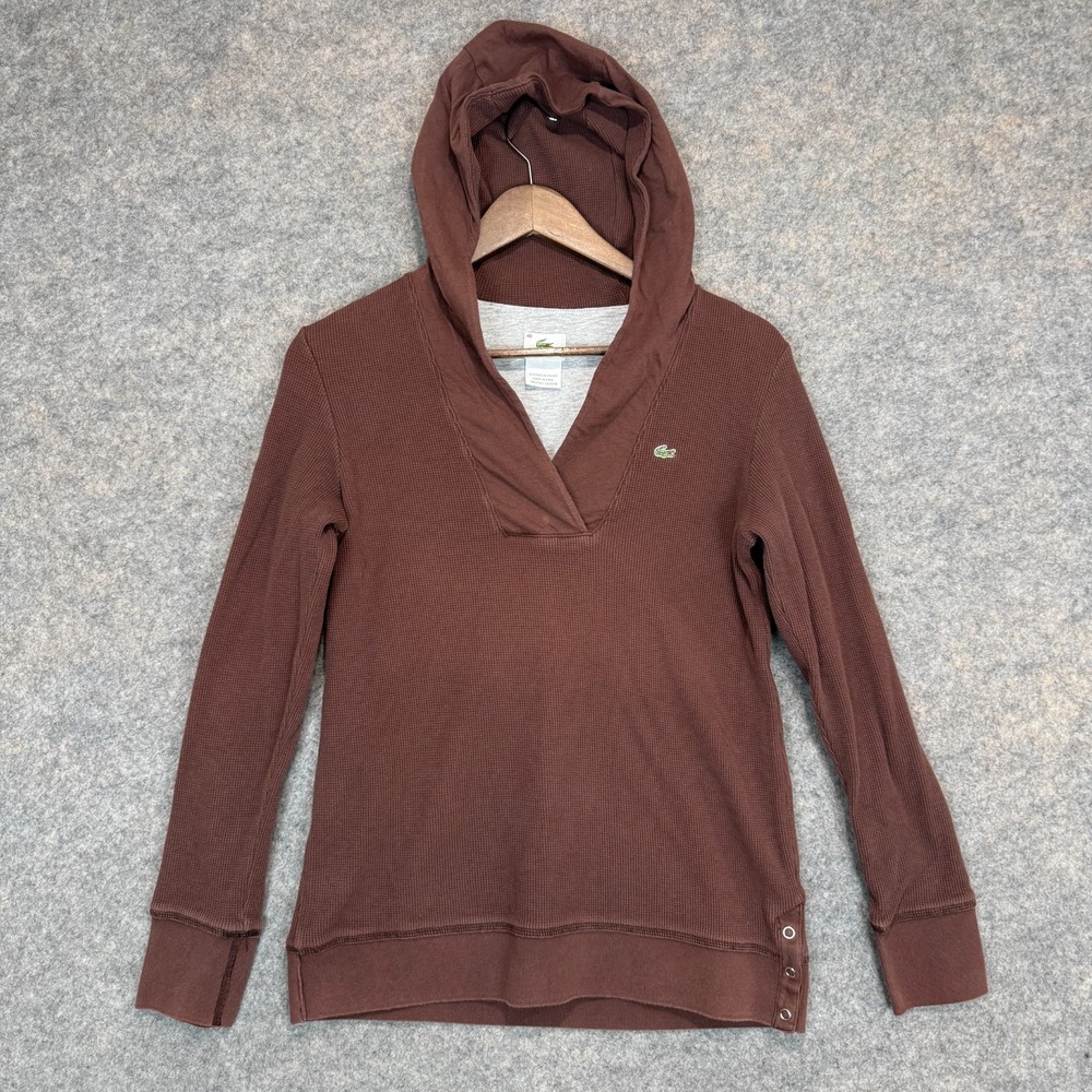Lacoste Waffle Knit Hoodie Sweatshirt Mens 40 Small Lined Side Snap Brown Henley
